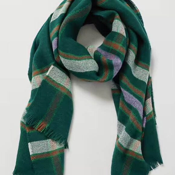 J. Jill NWT $49 Emerald Green Multi Exploded Oversized Plaid Scarf Wrap w Fringe - Picture 1 of 6